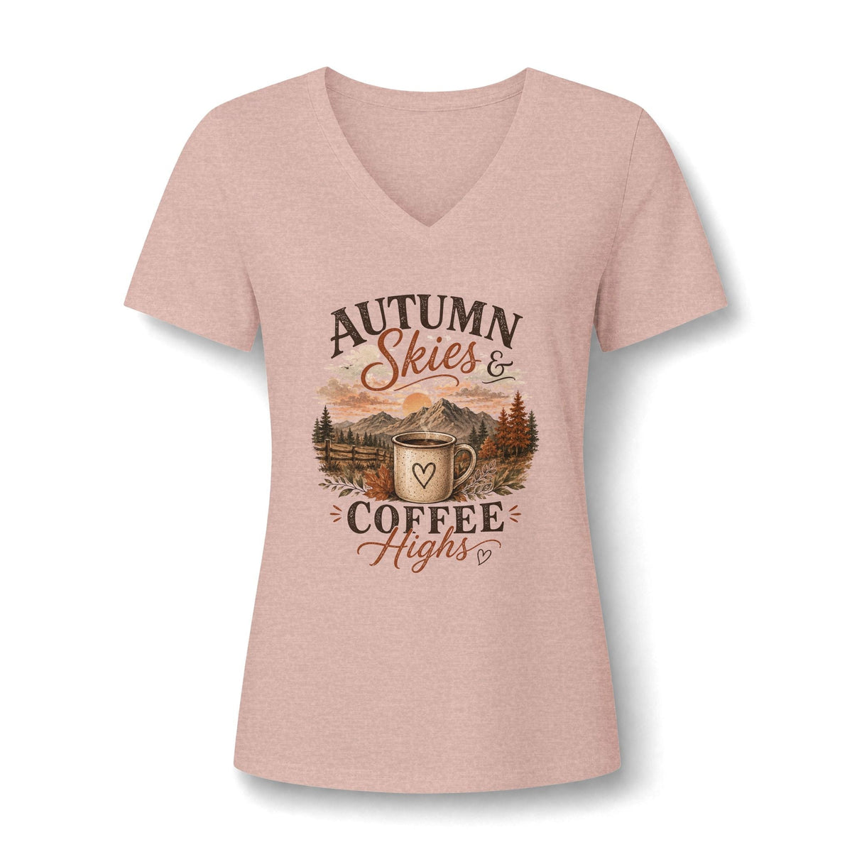 coffee t shirts women: dusty pink V-neck tee with an autumn landscape, coffee mug and warm brown lettering