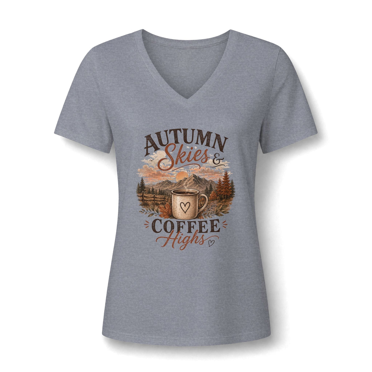 Women's coffee t shirts women in heather gray with a V-neck and autumn landscape, coffee cup, and script print