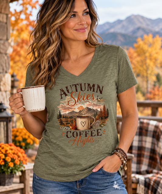 coffee t shirts women olive green V-neck tee with rustic autumn mountain, trees, and coffee cup graphic
