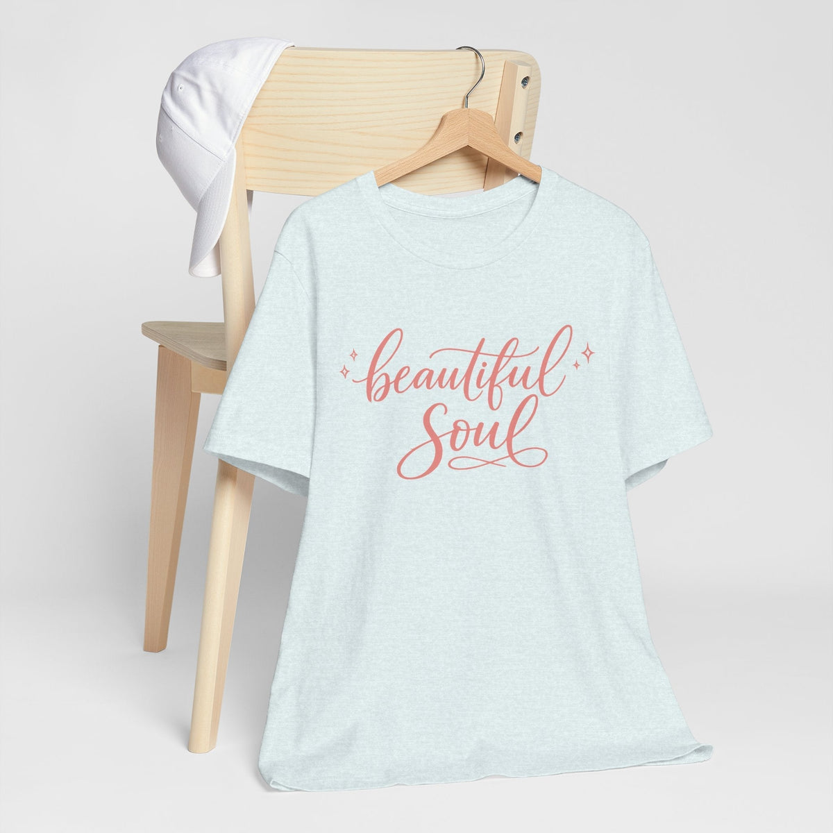 Women’s light blue cotton graphic tee with coral “beautiful Soul” script, a sparkly design among cute graphic tees.