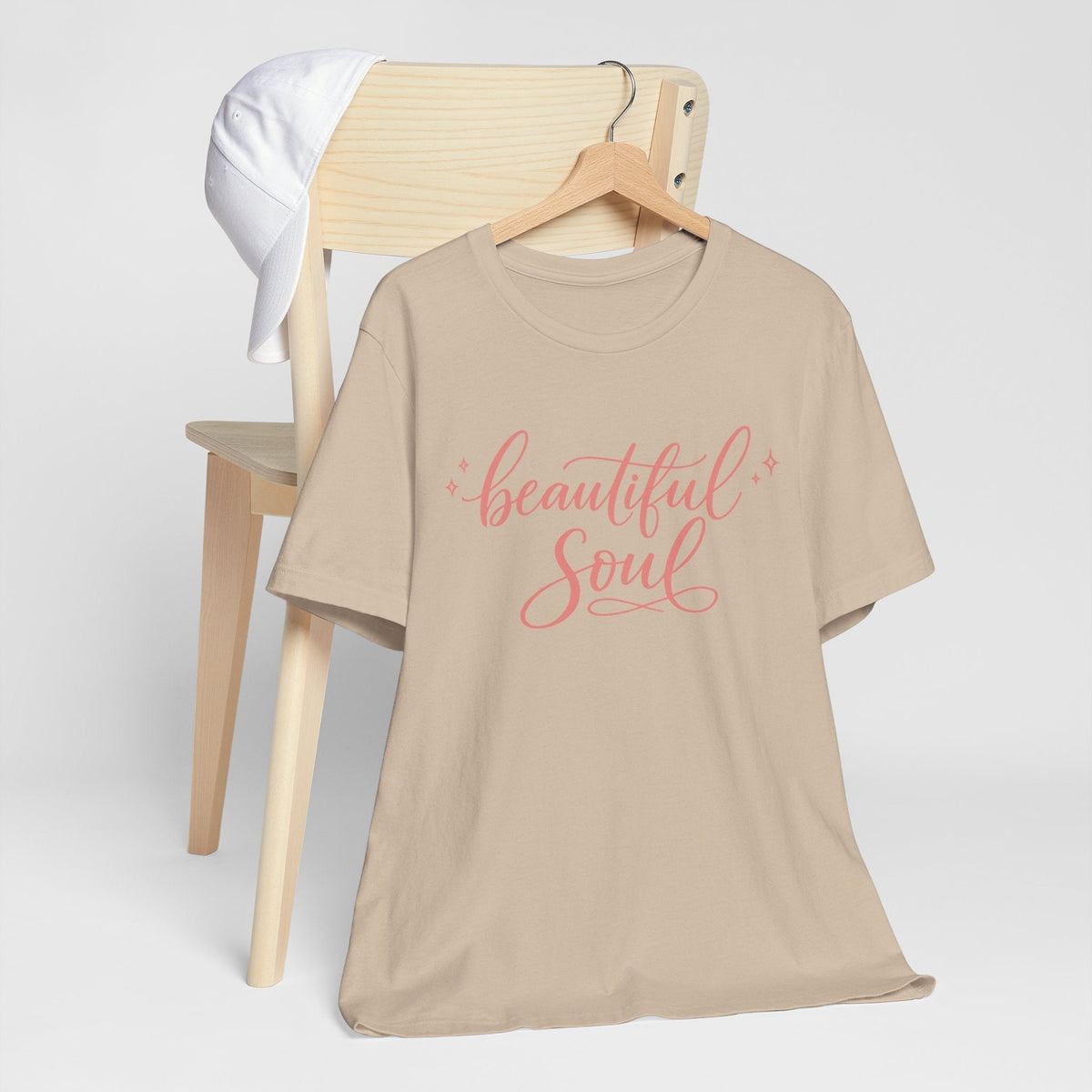 Graphic tee, beige cotton with coral pink “Beautiful Soul” script and tiny star accents, one of the cute graphic tees.