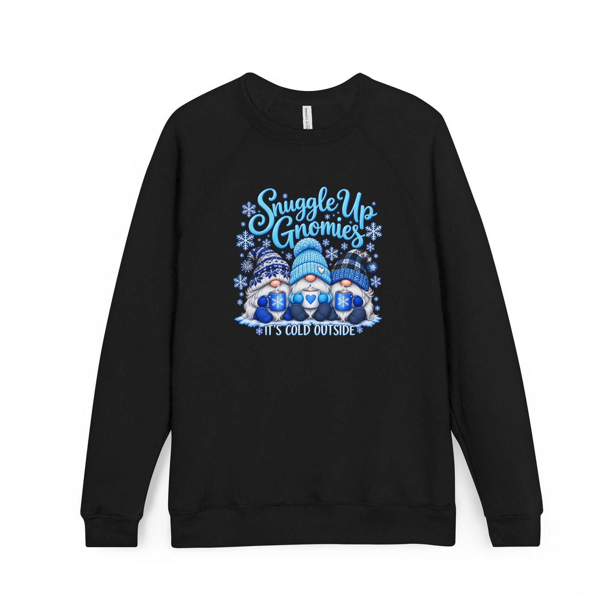 Black crewneck sweatshirt featuring cute hoodies for women styling with three blue winter gnomes, snowflakes and lettering