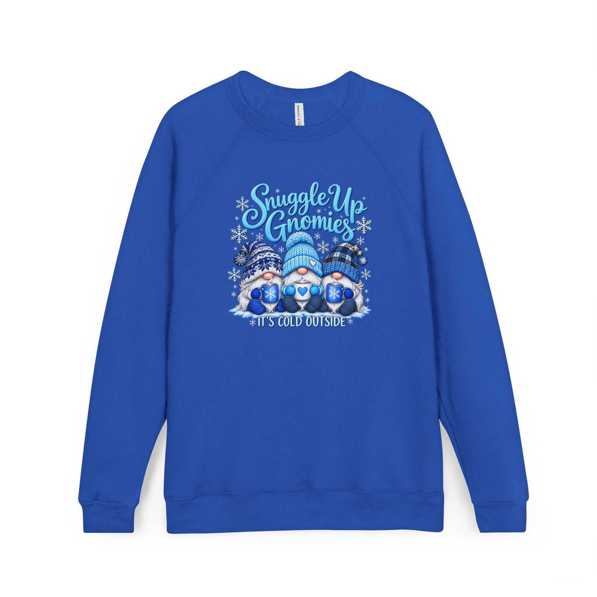 Blue crewneck sweatshirt, cute hoodies for women, featuring three winter gnomes in knit hats with snowflakes