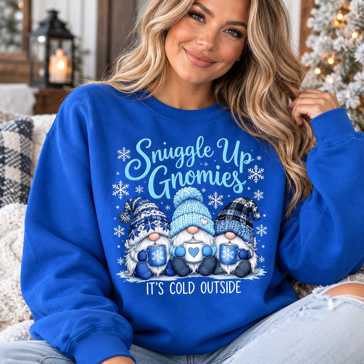 Blue cute hoodies for women sweatshirt with a snowy three-gnome print, knit hats, snowflakes, and cocoa mugs