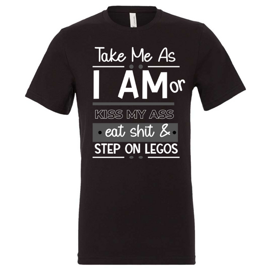 Funny "Eat Shit and Step on Legos" graphic t-shirt for humor and unique style.