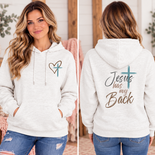 faith hoodie in light gray with a front heart and cross graphic and a large “Jesus Has My Back” design on the back
