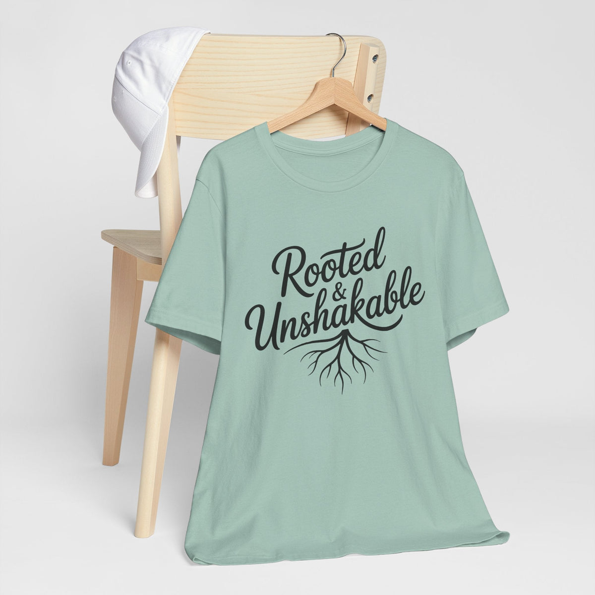faith tshirt for ladies in sage green cotton with black “Rooted Unshakable” lettering and delicate root graphic