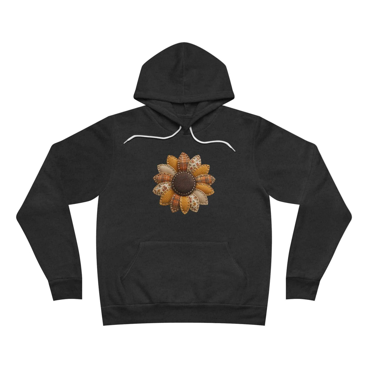 Fall hoodie for women in black with a warm-toned sunflower featuring textured patchwork-style petals and a front pocket