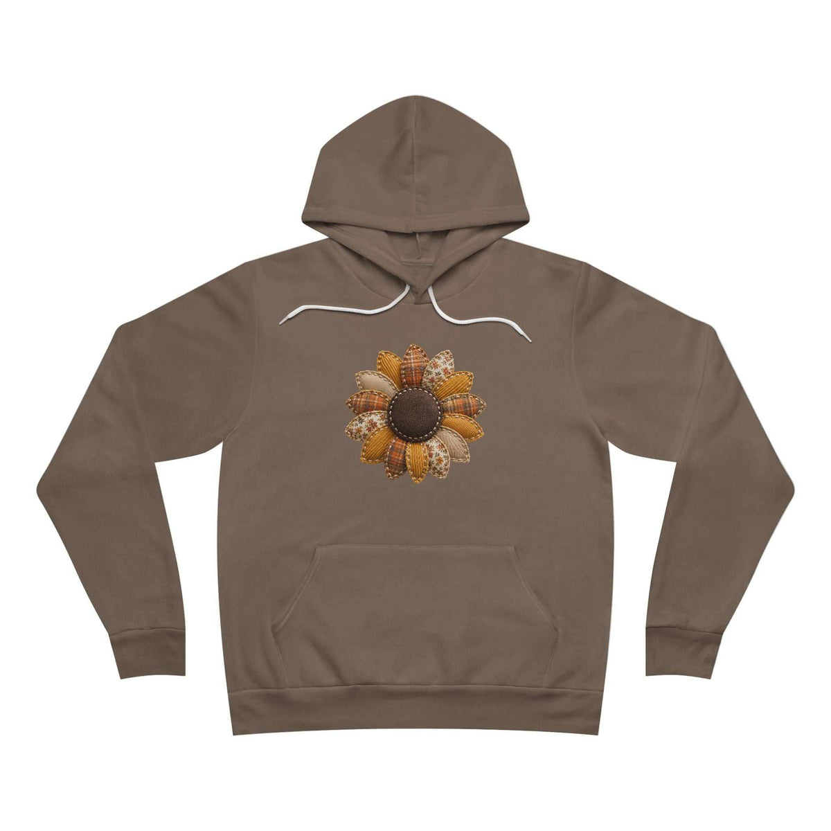 Fall hoodie for women in muted brown with a textured sunflower patch, drawstring hood, and front kangaroo pocket