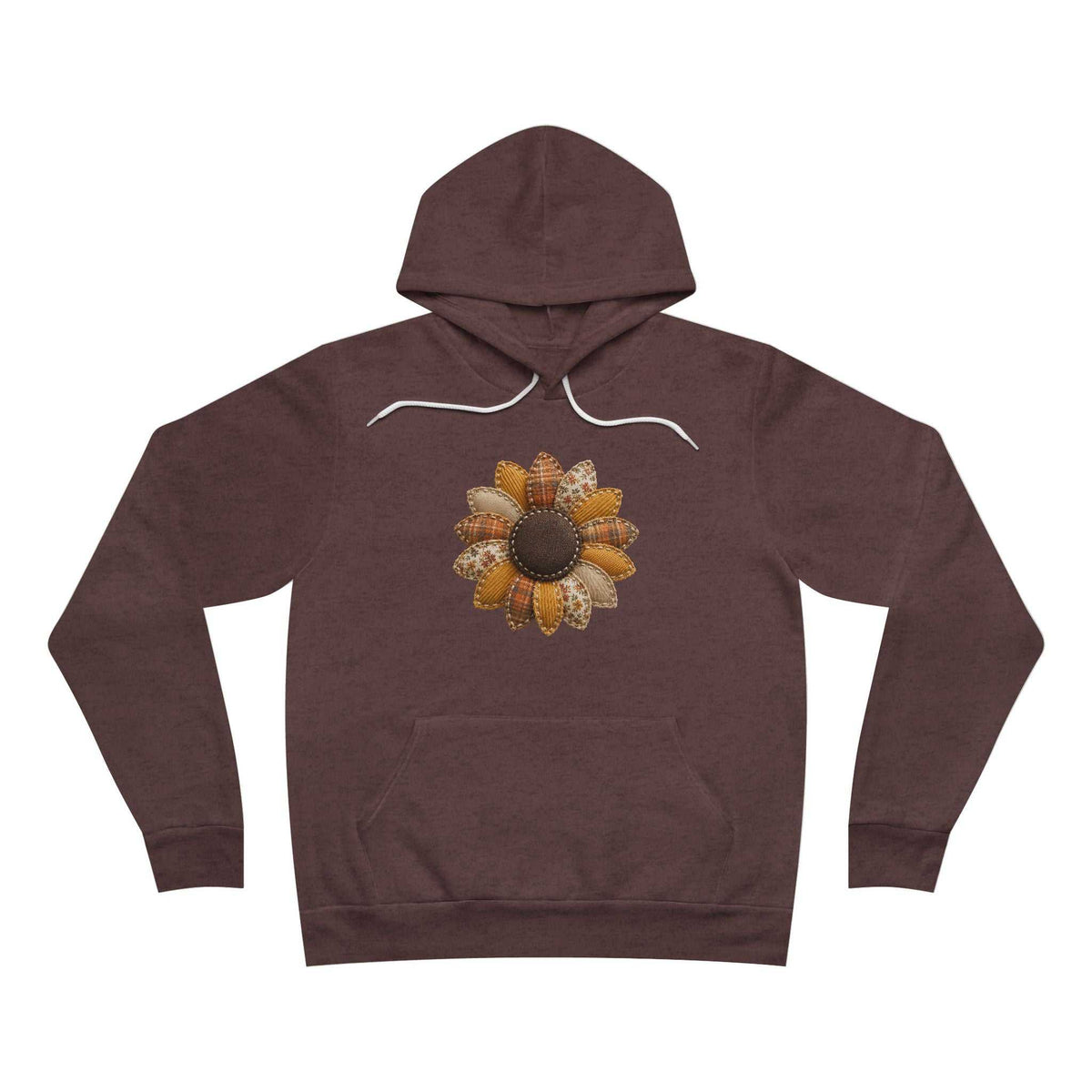 Hoodie in dark brown with a centered sunflower design featuring warm plaid and textured patchwork petals, fall hoodie for women