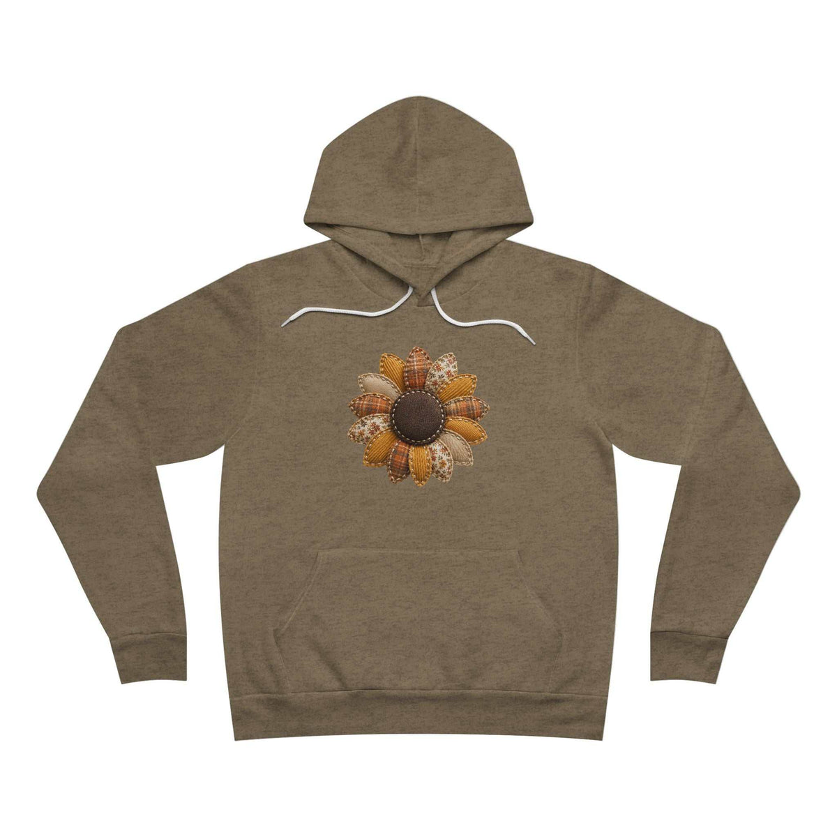 Fall hoodie for women in olive brown fleece with white drawstrings, kangaroo pocket, and a rustic patchwork sunflower graphic