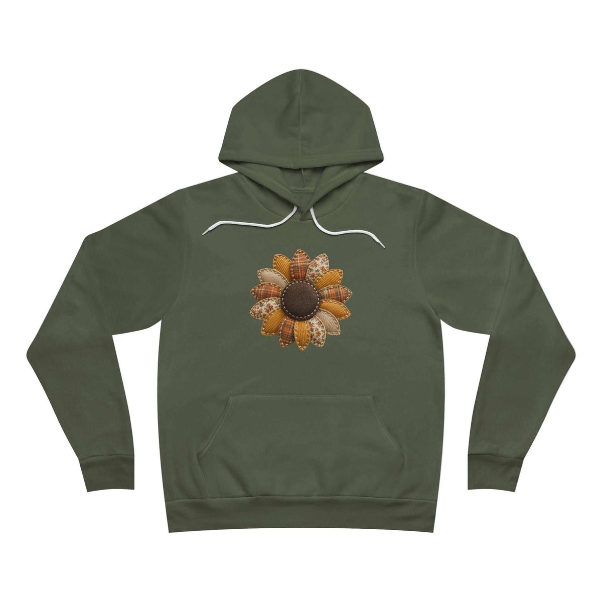 Fall hoodie for women in dark olive green with a drawstring hood and a warm-toned patchwork sunflower design