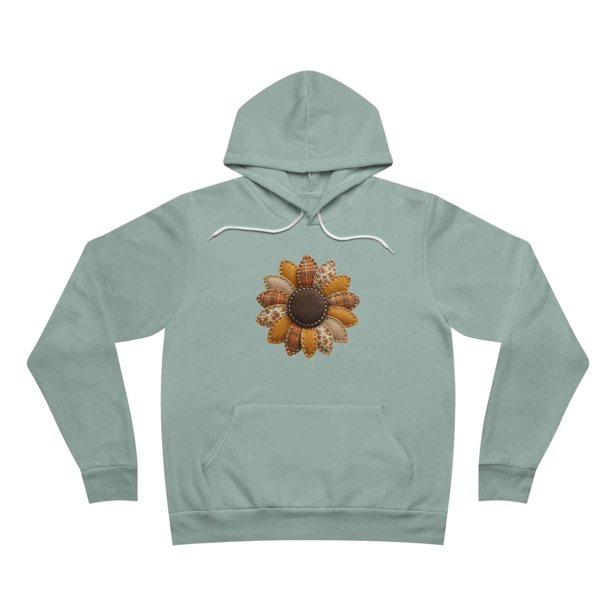 fall hoodie for women in muted sage green with a front pouch pocket and small patchwork-style sunflower graphic