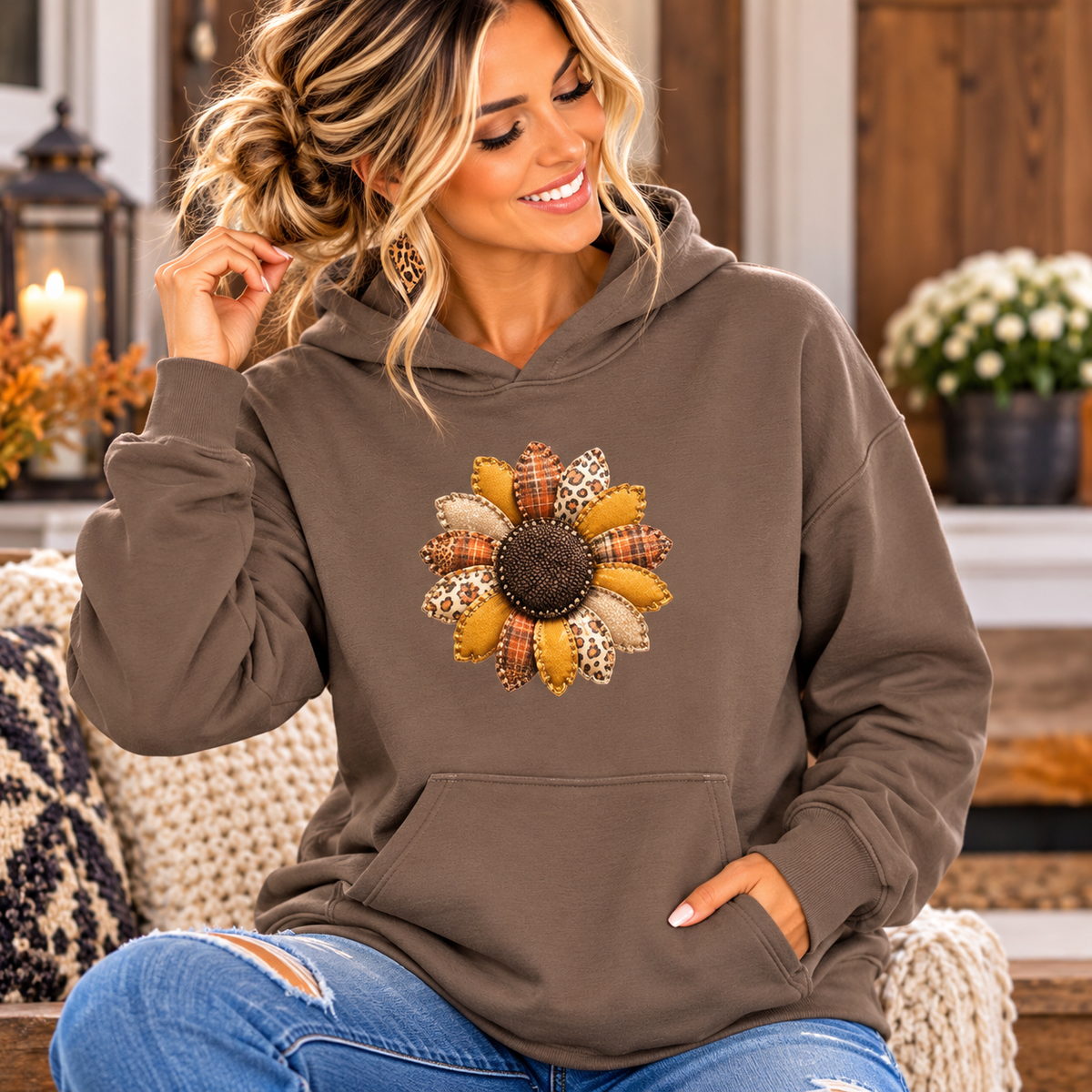 fall hoodie for women in taupe with long sleeves, fleece-like fabric and a textured patchwork sunflower chest design