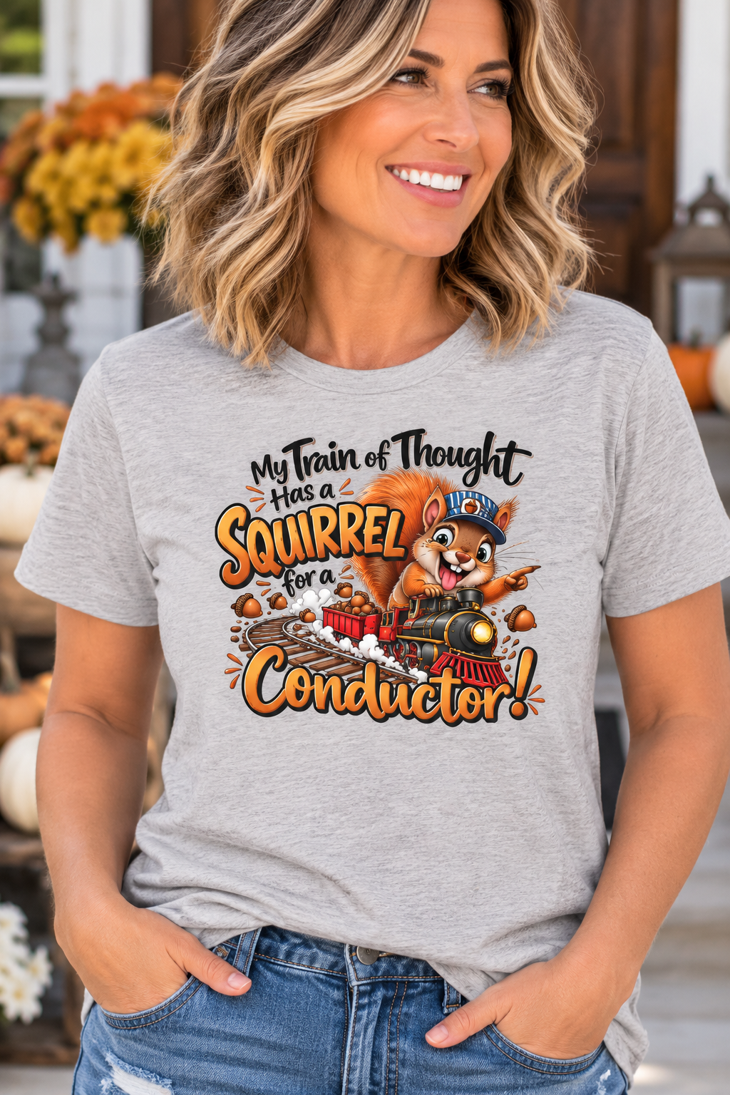 Funny animal shirt in heather gray with colorful text and a cartoon squirrel conductor riding a train graphic