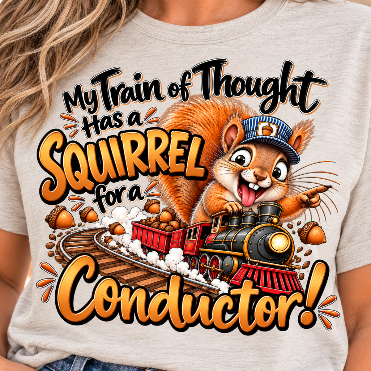 Funny animal shirt in heather gray with bold lettering and a cartoon squirrel driving a train graphic