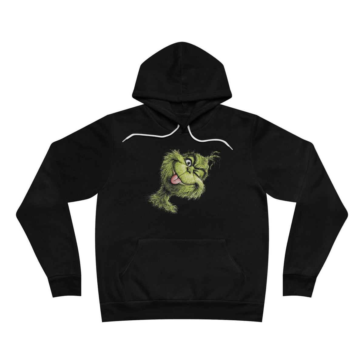 funny christmas hoodie in black with white drawstrings and a small green Grinch face graphic on the chest