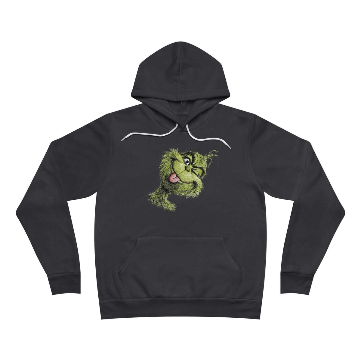funny christmas hoodie in charcoal fleece with white drawstrings and a small green Grinch face graphic