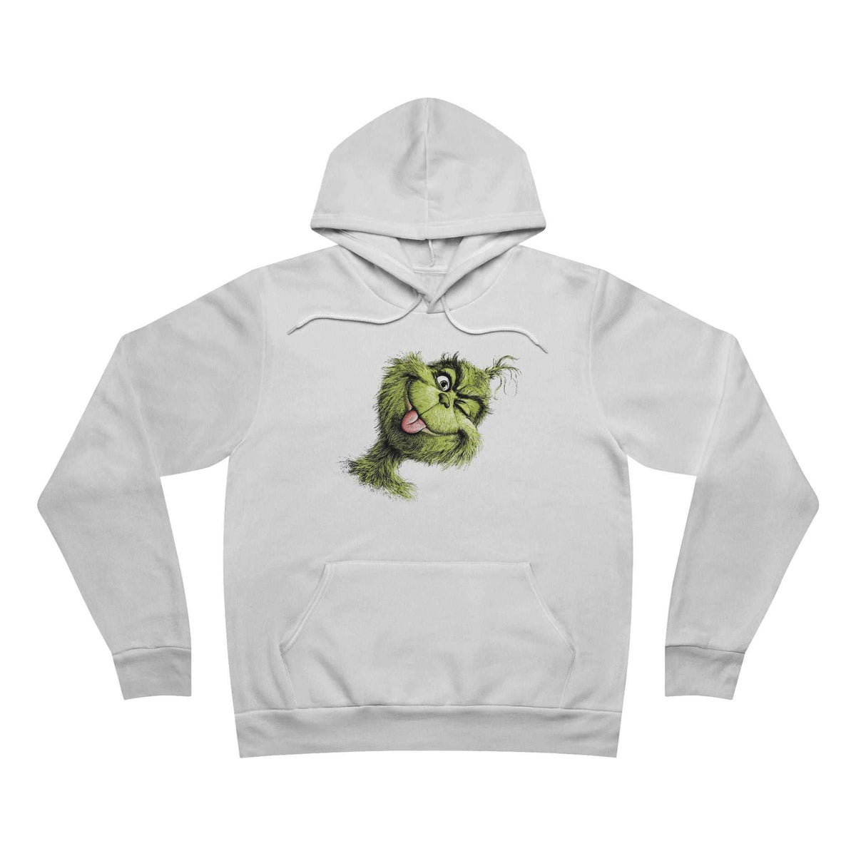 funny christmas hoodie in light gray fleece with a small green Grinch face graphic, hood, drawstrings and kangaroo pocket