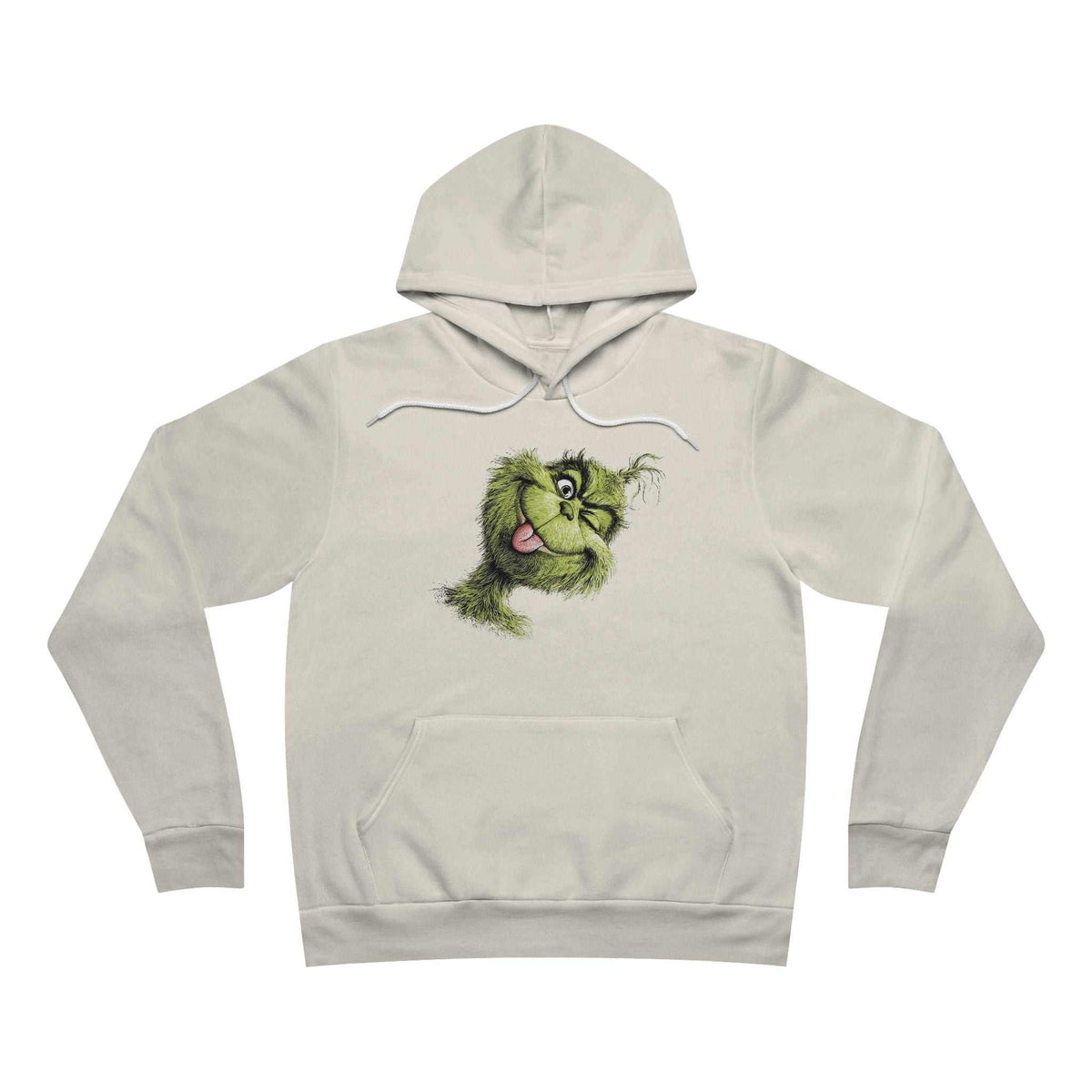 funny christmas hoodie in light gray fleece with white drawstrings, kangaroo pocket and a green Grinch face graphic