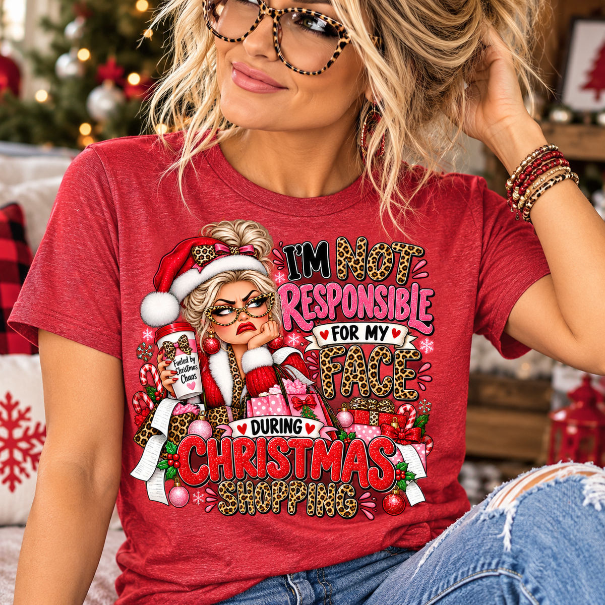 funny christmas shirt in red cotton with colorful leopard-print lettering and a festive graphic about Christmas shopping