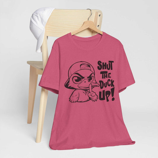 Graphic tee in dusty rose cotton with a black cartoon duck and bold “Shut The Duck Up!” lettering, funny graphic tees for ladies