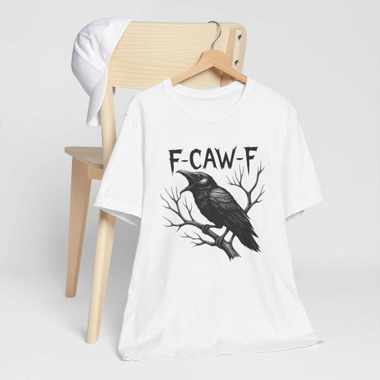 funny tee shirt in white cotton blend with a black crow perched on bare branches beneath bold F-CAW-F lettering