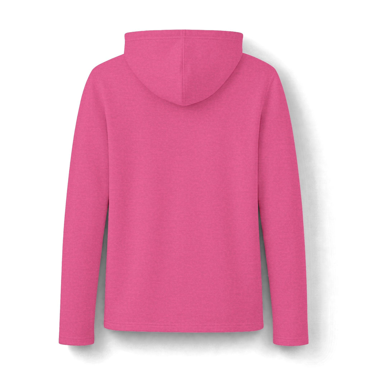funny womens sweatshirt in solid bright pink tri-blend fabric, shown from the back with long sleeves and an attached hood