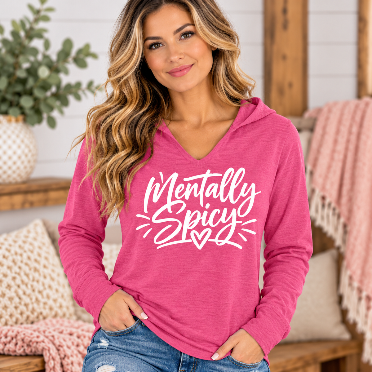 funny womens sweatshirt in bright pink tri-blend fabric with a split V-neck, hood, and white Mentally Spicy lettering