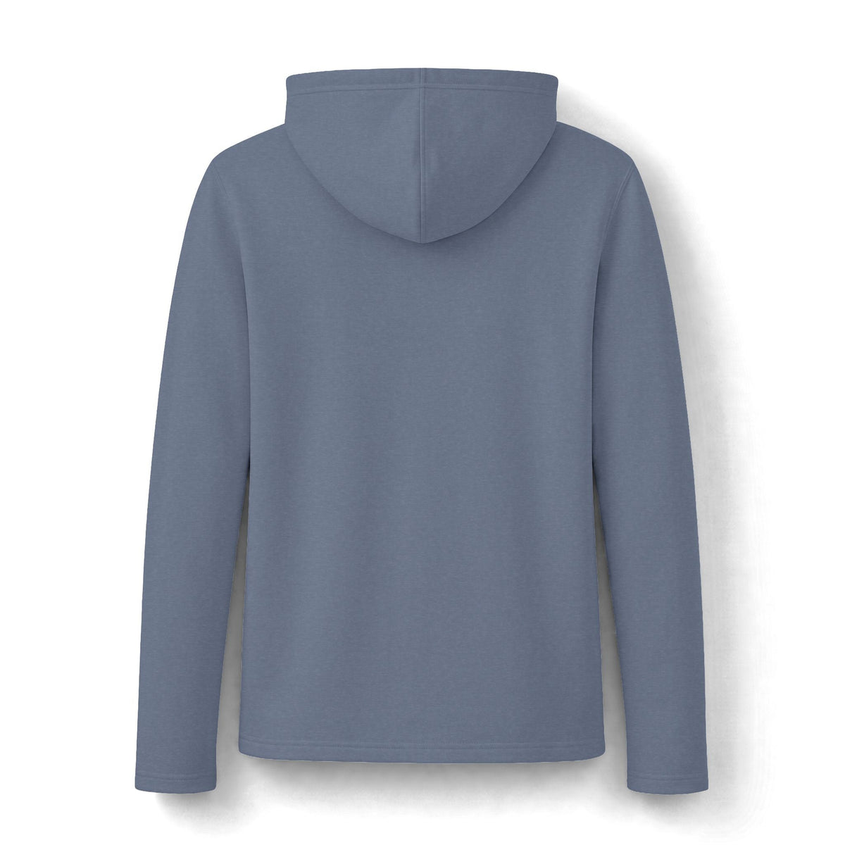 Funny womens sweatshirt in slate blue tri-blend fabric, shown from the back with long sleeves and an attached hood