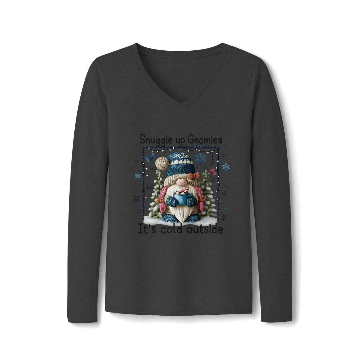Gnome long sleeve shirt in charcoal gray cotton with a V-neck and colorful winter gnome, snowflakes, and text graphic