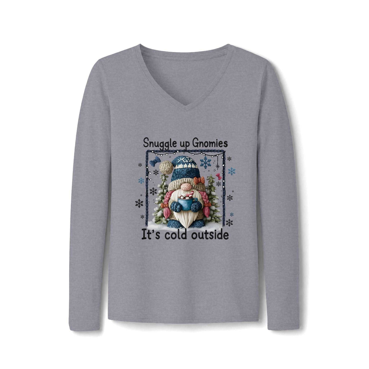 gnome long sleeve shirt in heather gray with a V-neck and a bundled winter gnome holding a mug amid snowflakes