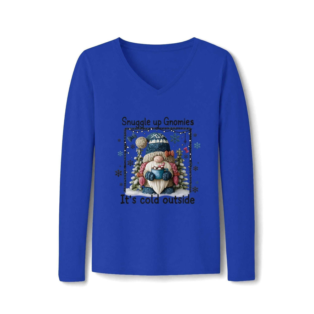 gnome long sleeve shirt in royal blue cotton with a V-neck and winter gnome graphic holding a mug