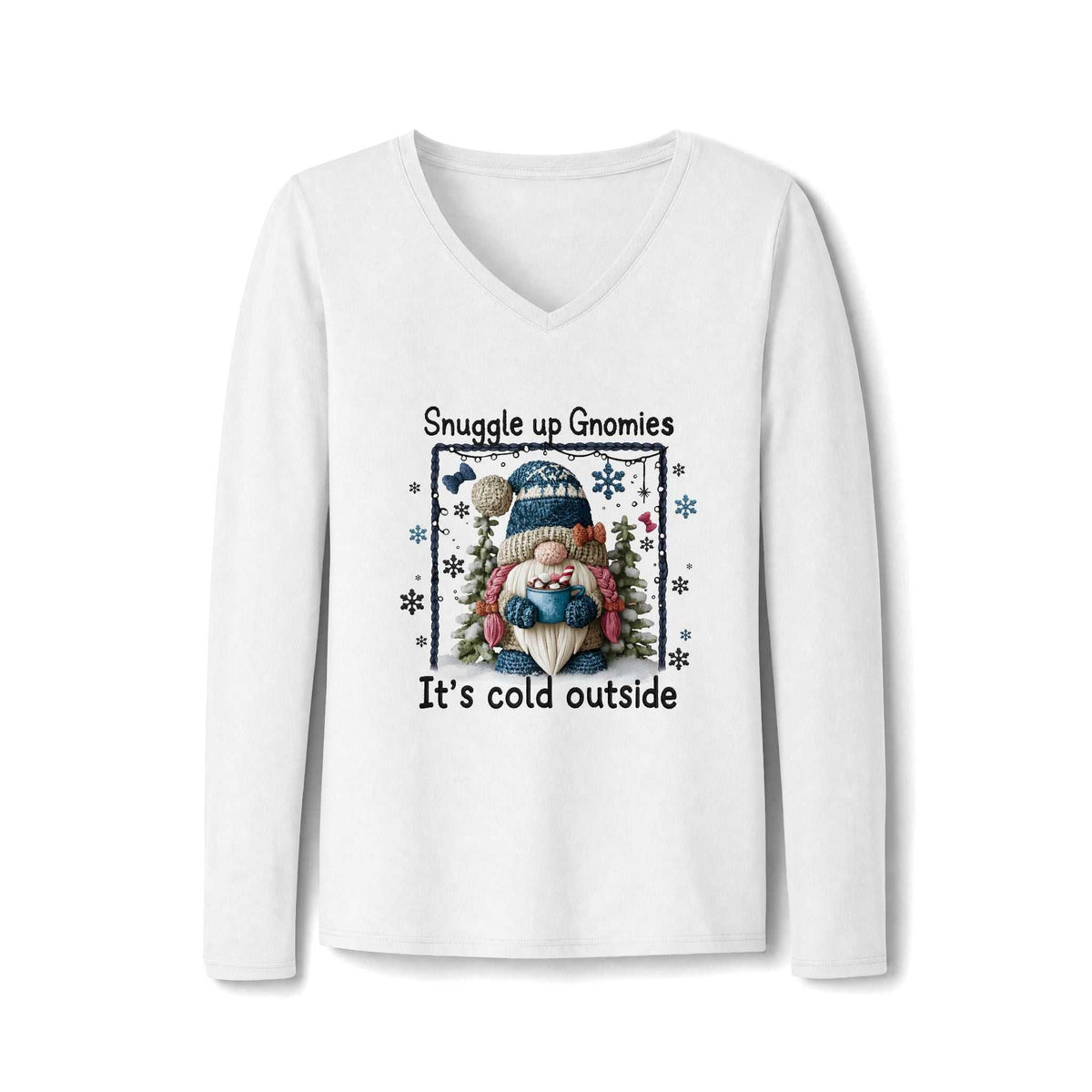 Gnome long sleeve shirt in white cotton with a V-neck and winter gnome, evergreen and snowflake graphic