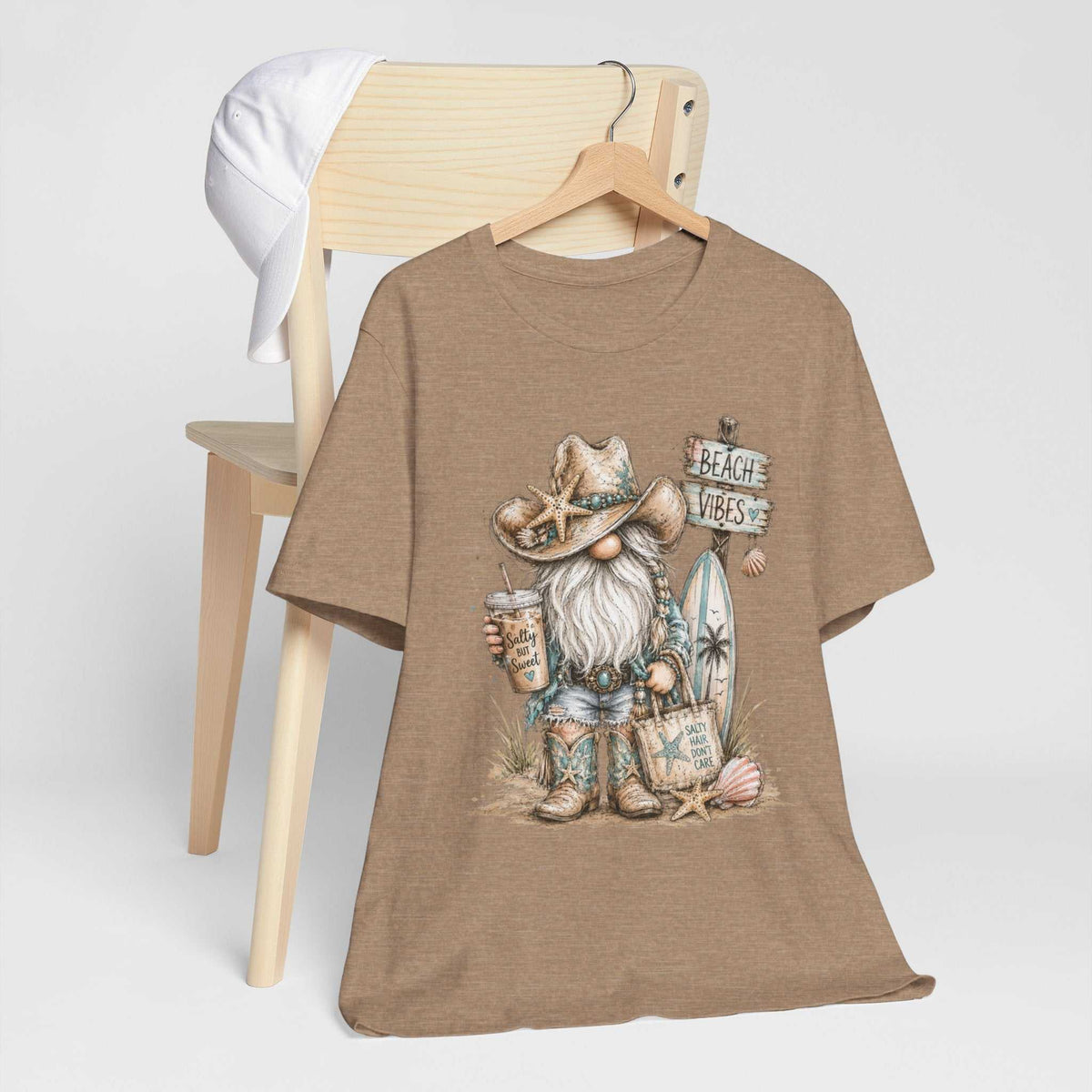 gnome t shirts brown heathered crewneck tee with a coastal gnome in a starfish hat, shells and beach signs
