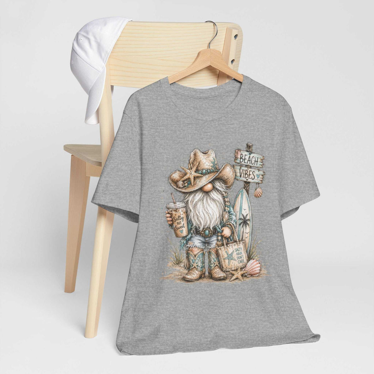 gnome t shirts gray cotton tee with a watercolor beach gnome in a starfish cowboy hat, boots and coastal accents