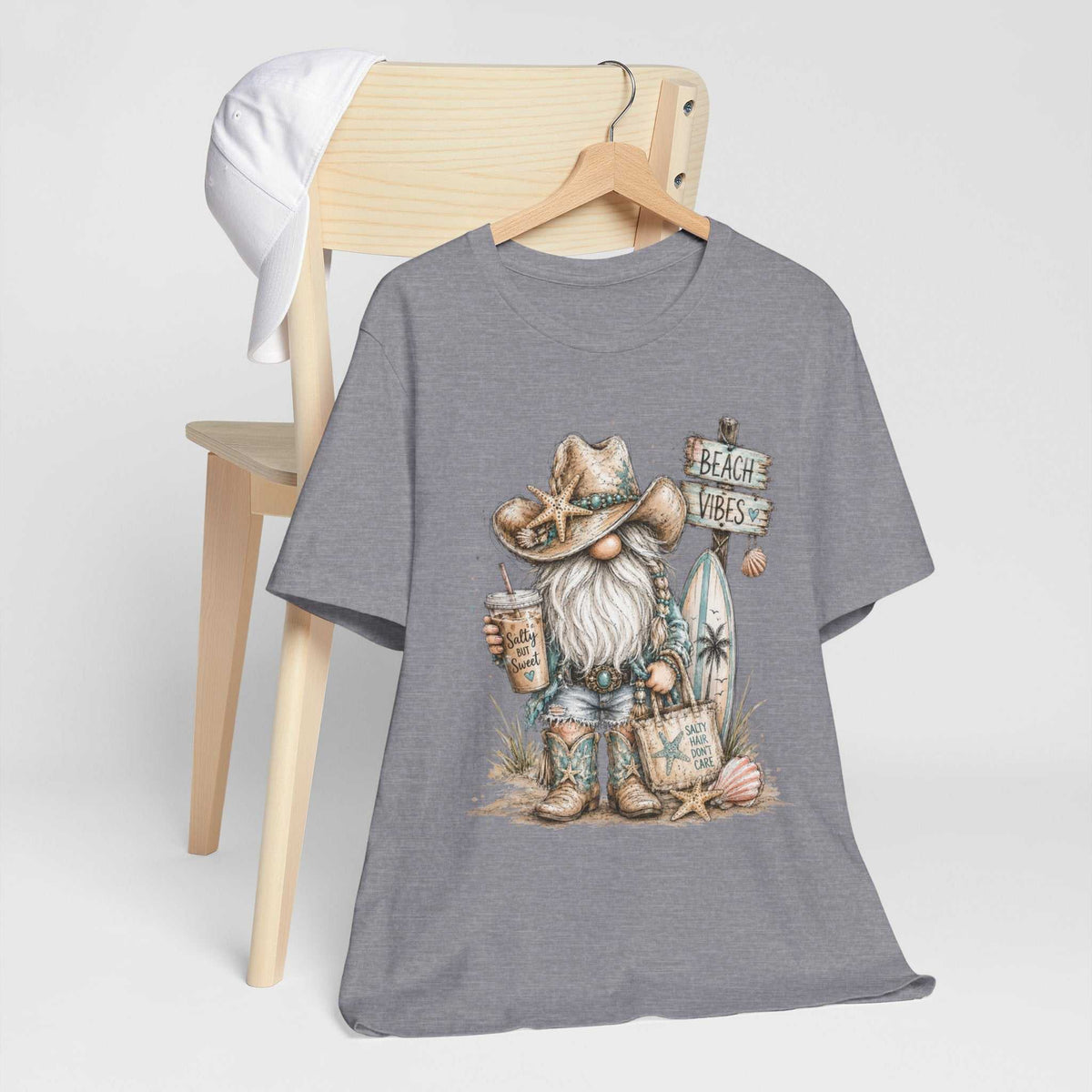 gnome t shirts gray cotton tee with a watercolor beach gnome wearing a starfish cowboy hat, surrounded by shells