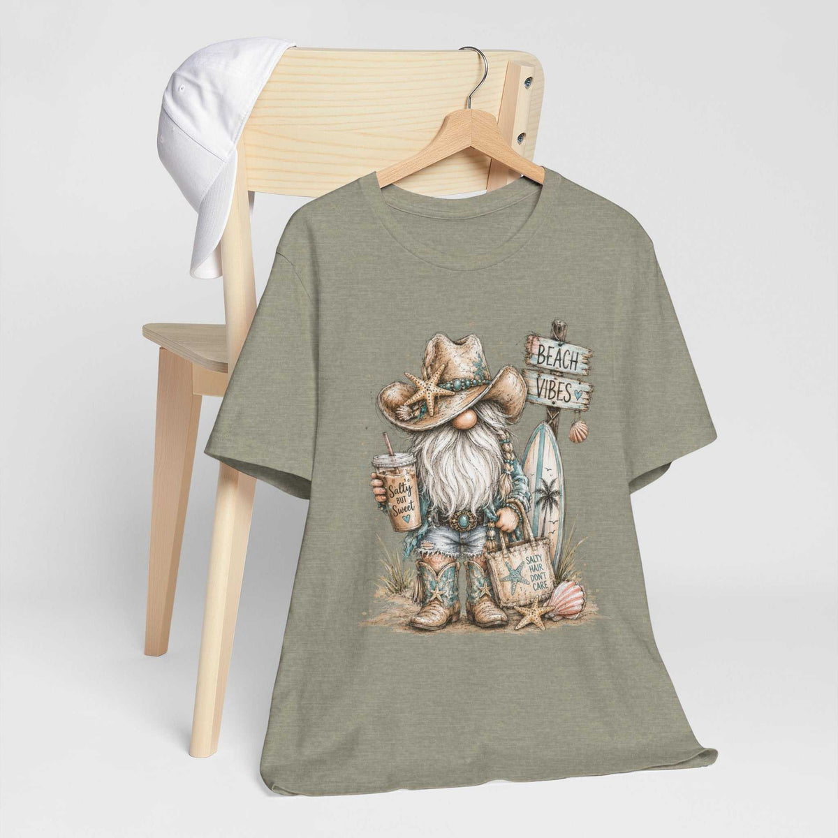 gnome t shirts in muted gray-green cotton, with a watercolor beach gnome wearing a starfish cowboy hat and boots