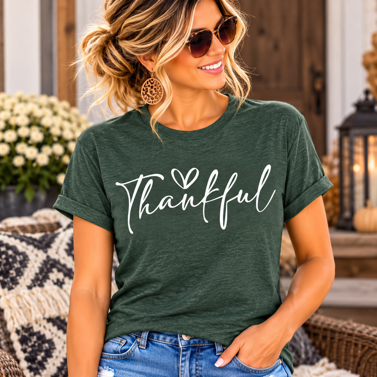 gratitude tshirt in heather forest green with a white “Thankful” script graphic and small heart detail