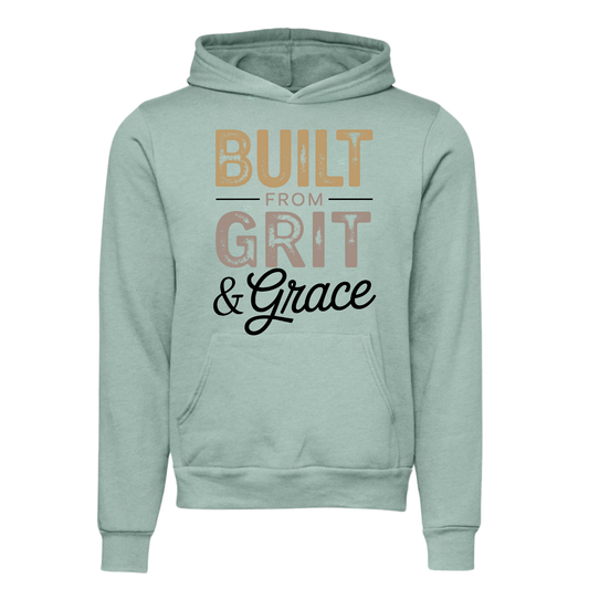 Grit & Grace Hoodie in muted sage green with a front kangaroo pocket and distressed “Built From Grit & Grace” lettering