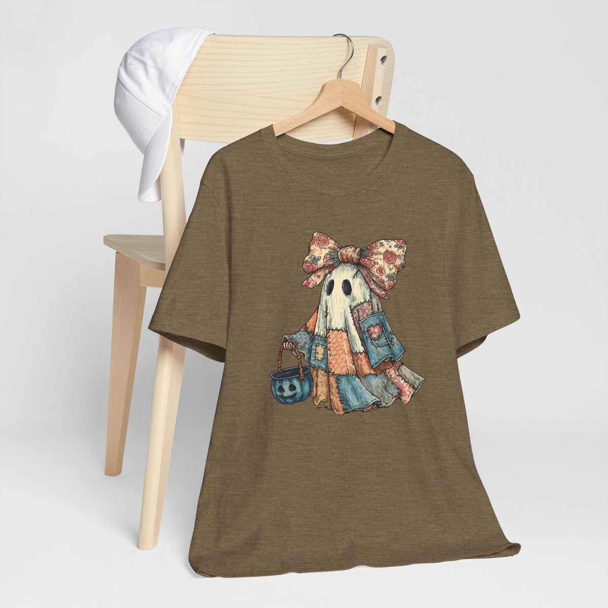 Halloween Ghost Tshirt in brown cotton with a vintage patchwork ghost girl, floral bow and pumpkin bucket print