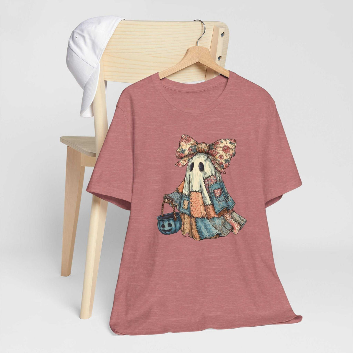 Halloween Ghost Tshirt in dusty rose cotton with a vintage patchwork ghost, floral bow, and pumpkin bucket print