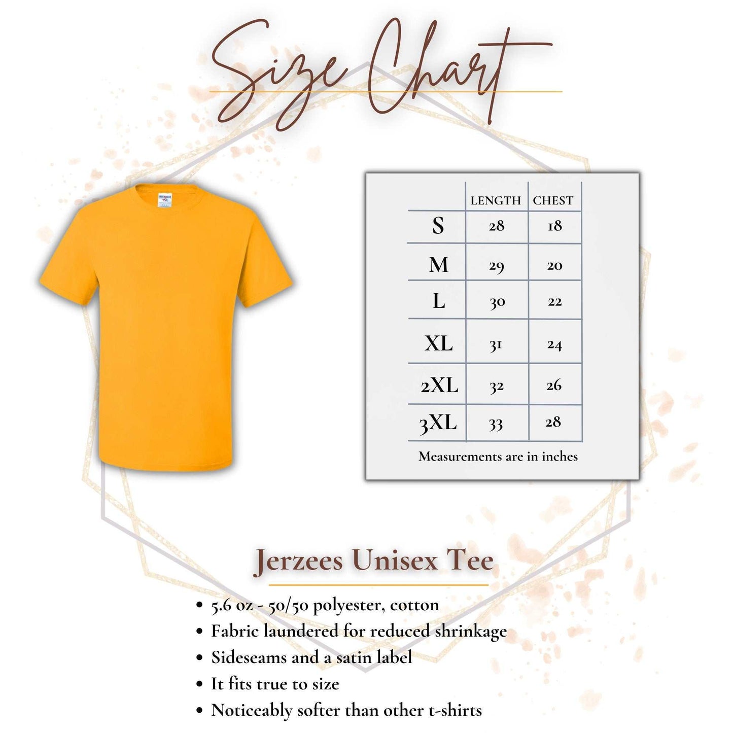 Wyoming logo shirt size chart for Jerzees unisex tee in gold.