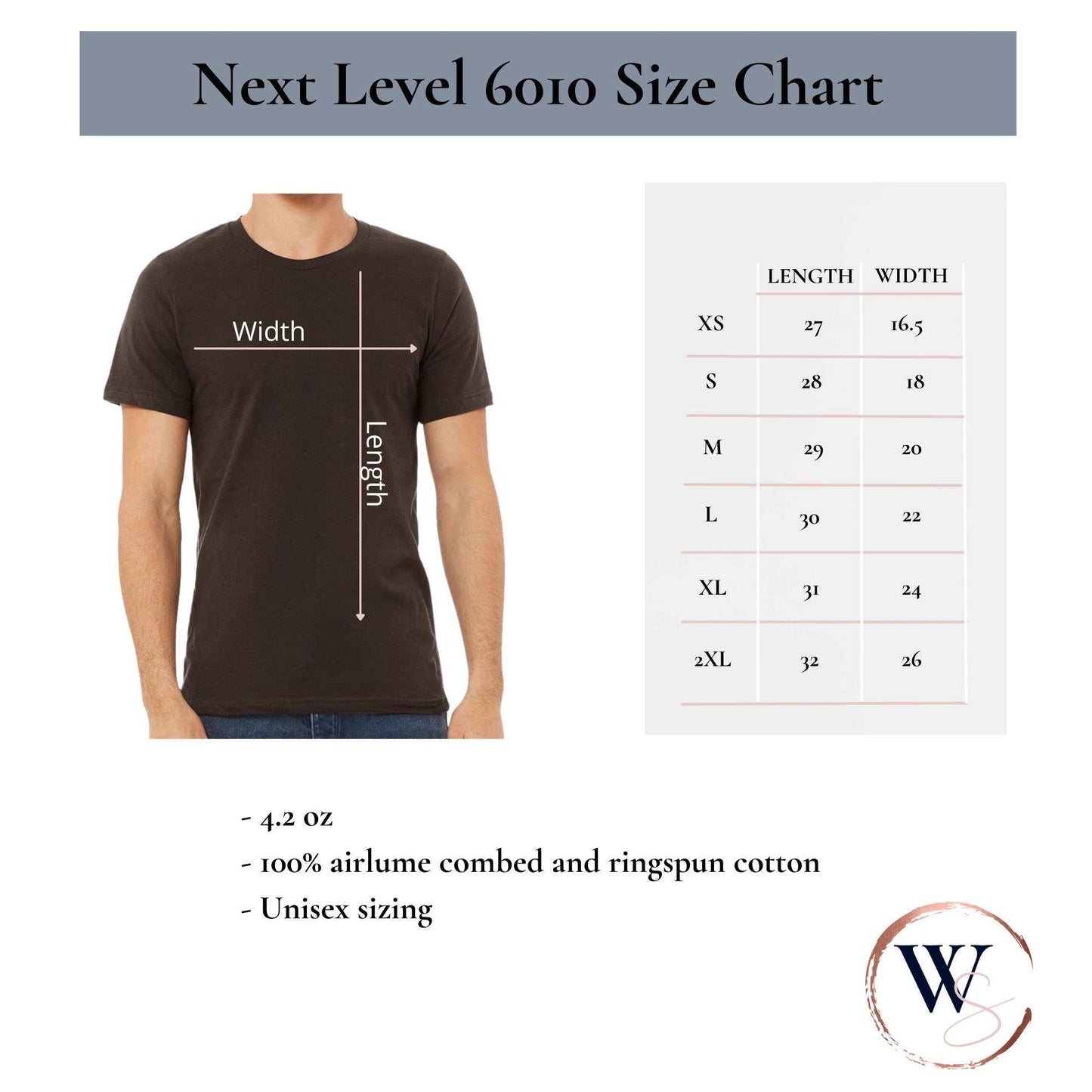 Wyoming Cowboys Shirt size chart and features with brown crew neck t-shirt.
