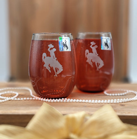 Wyoming Wine Glass Set with smokey grey finish and etched Bucking Bronco logo.
