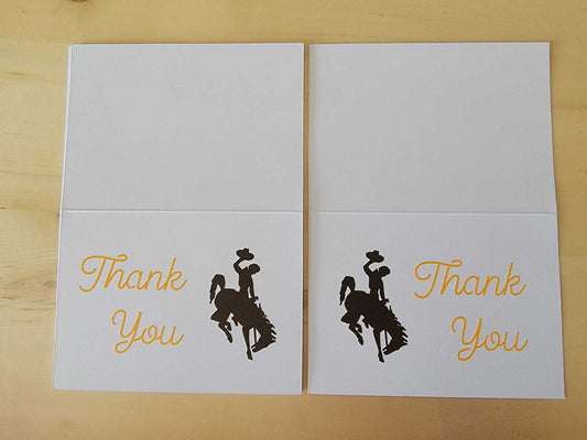 Wyoming Cowboys thank you cards with Steamboat design in brown and gold.