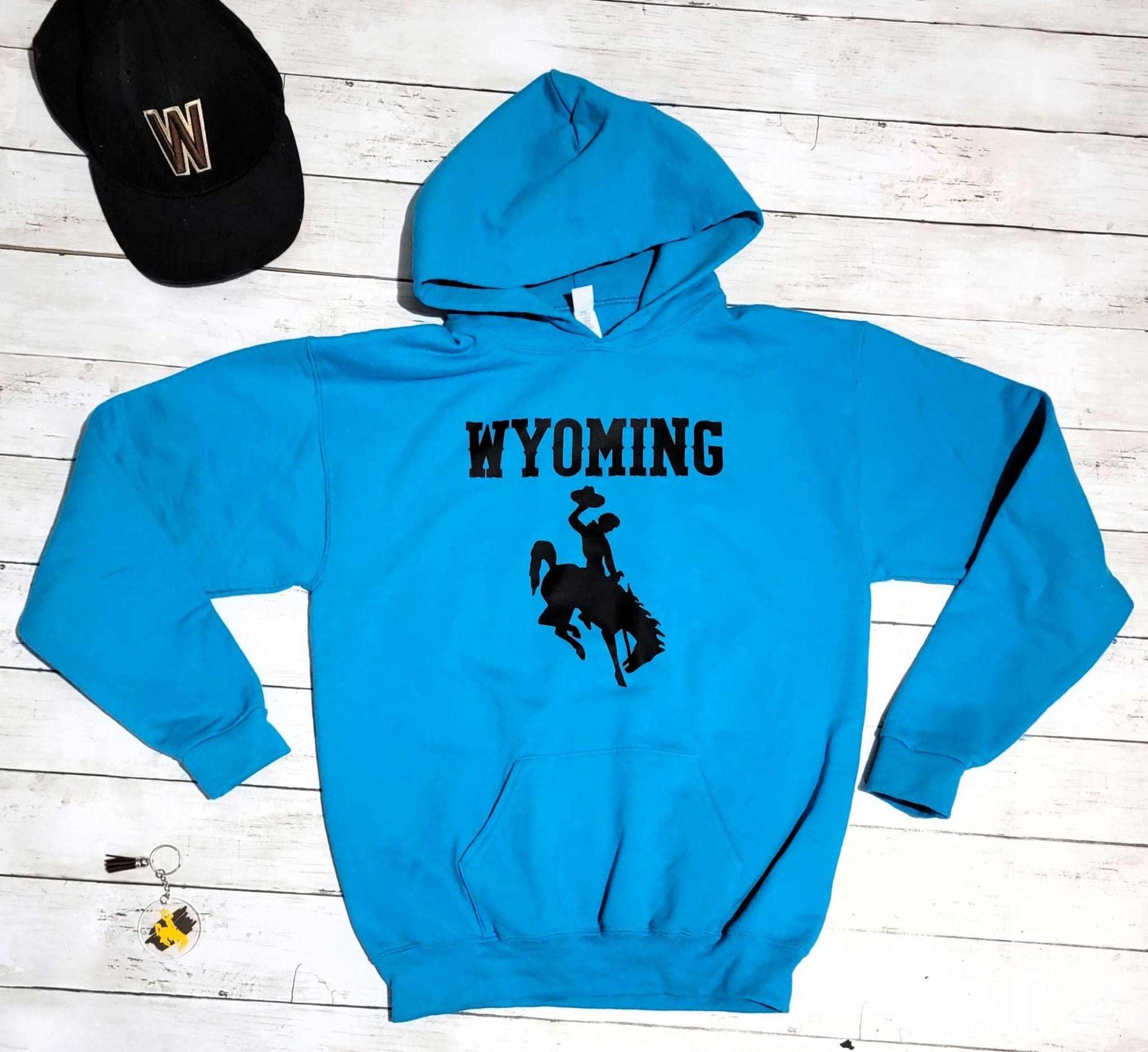 Wyoming Cowboys Youth Hoodie with bucking horse design.