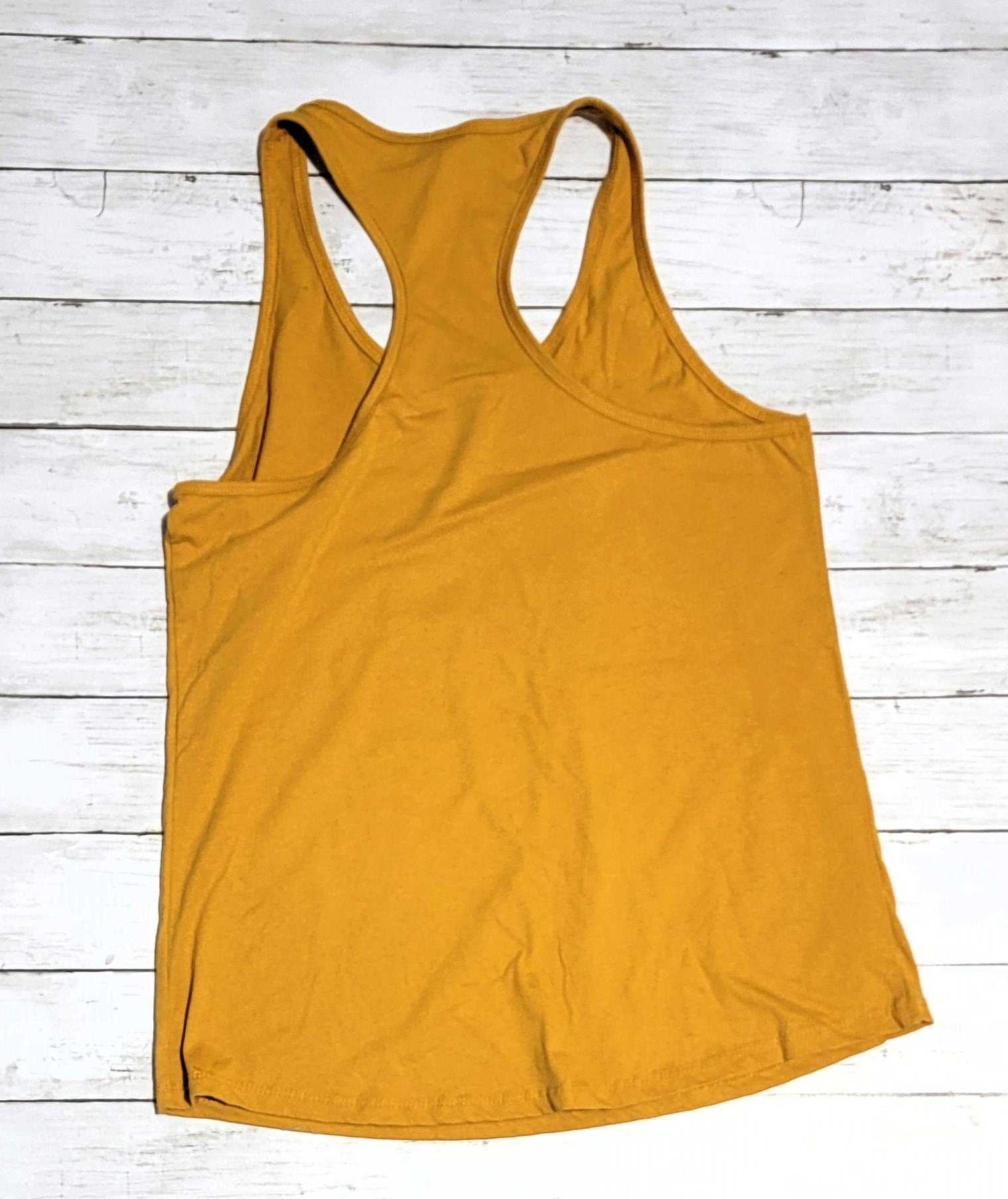 Gold-colored women's tank top, Cowboy Up Gnome design, durable DTF print.
