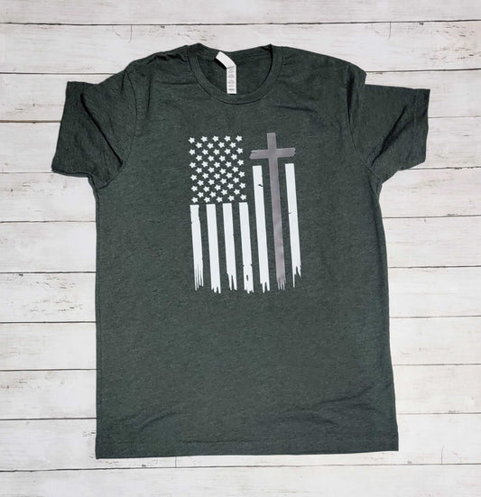 American Flag with Cross Tee in Heather Military Green, patriotic and spiritual design.