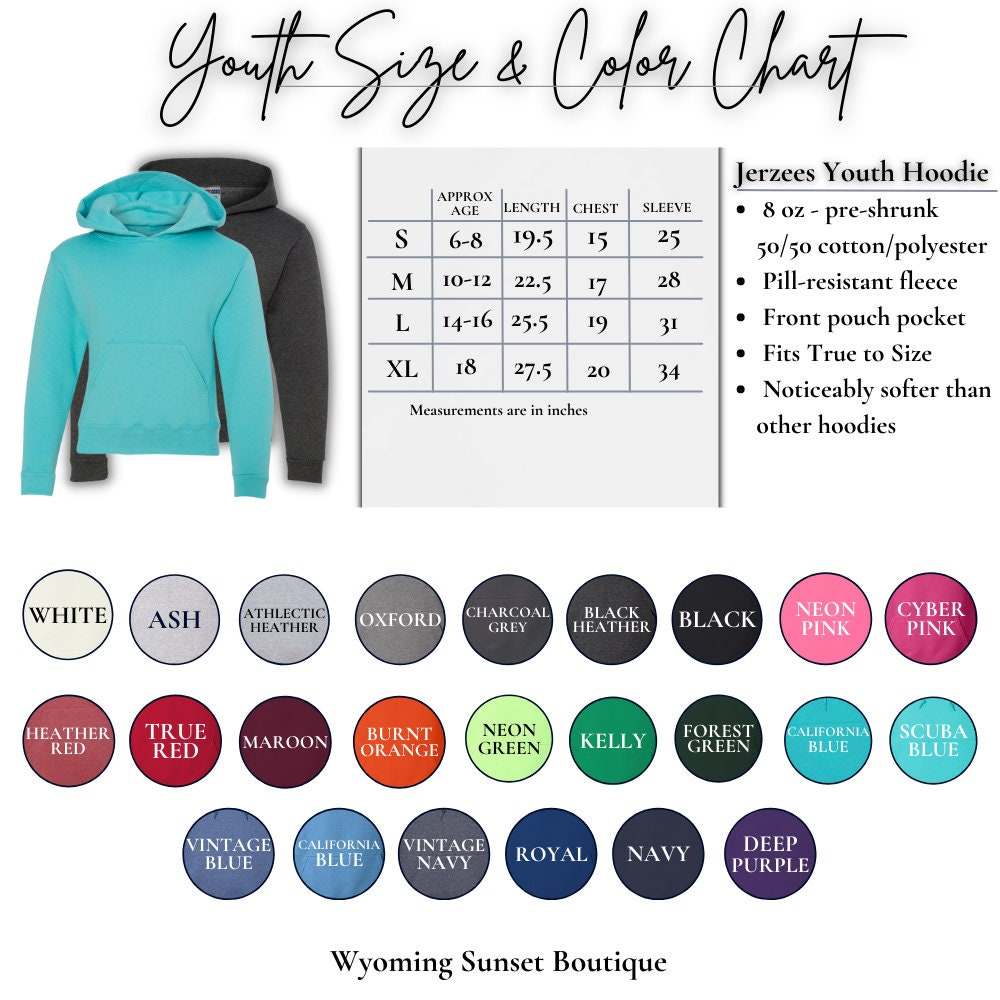 Youth size and color chart for Wyoming Cowboys Youth Apparel hoodies, showcasing various color options and size measurements for kids.